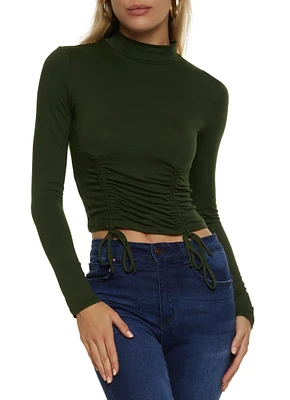 Womens Mock Neck Ruched Long Sleeve Crop Top, Green, Size S