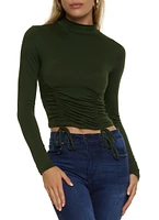 Womens Mock Neck Ruched Long Sleeve Crop Top, Green, Size S