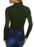 Womens Mock Neck Ruched Long Sleeve Crop Top, Green, Size S