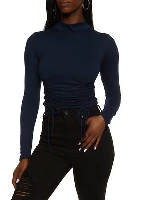 Womens Mock Neck Ruched Long Sleeve Crop Top,
