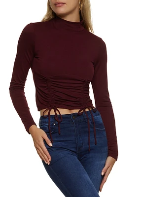 Womens Mock Neck Ruched Long Sleeve Crop Top, Burgundy, Size S