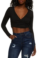 Womens Soft Knit Side Tie Cropped Wrap Top, Black, Size M