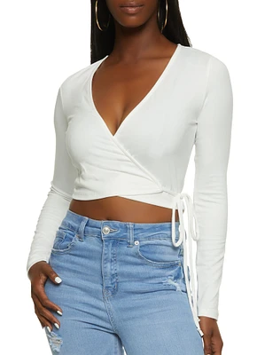 Womens Soft Knit Side Tie Cropped Wrap Top, White, Size L