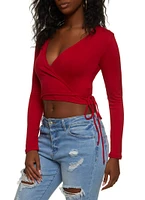 Womens Soft Knit Side Tie Cropped Wrap Top, Red, Size L