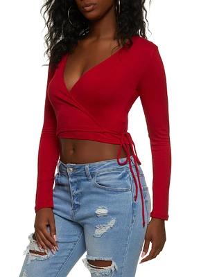 Womens Soft Knit Side Tie Cropped Wrap Top, L