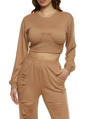 Womens Ribbed Bustier Detail Sweatshirt, Beige, Size S
