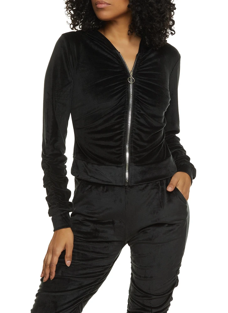 Womens Solid Velour Ruched Zip Front Hoodie, Black, Size M
