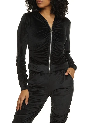 Womens Solid Velour Ruched Zip Front Hoodie, Black, Size M