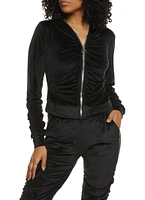 Womens Solid Velour Ruched Zip Front Hoodie, Black, Size M