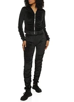Womens Solid Velour Ruched Zip Front Hoodie, Black, Size M