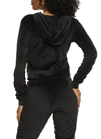 Womens Solid Velour Ruched Zip Front Hoodie, Black, Size M