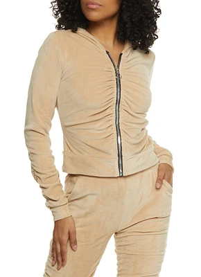 Womens Solid Velour Ruched Zip Front Hoodie,