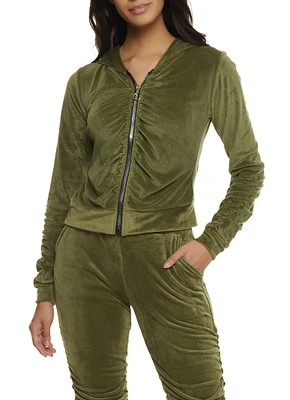 Womens Solid Velour Ruched Zip Front Hoodie,