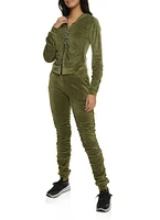 Womens Solid Velour Ruched Zip Front Hoodie,