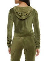 Womens Solid Velour Ruched Zip Front Hoodie,