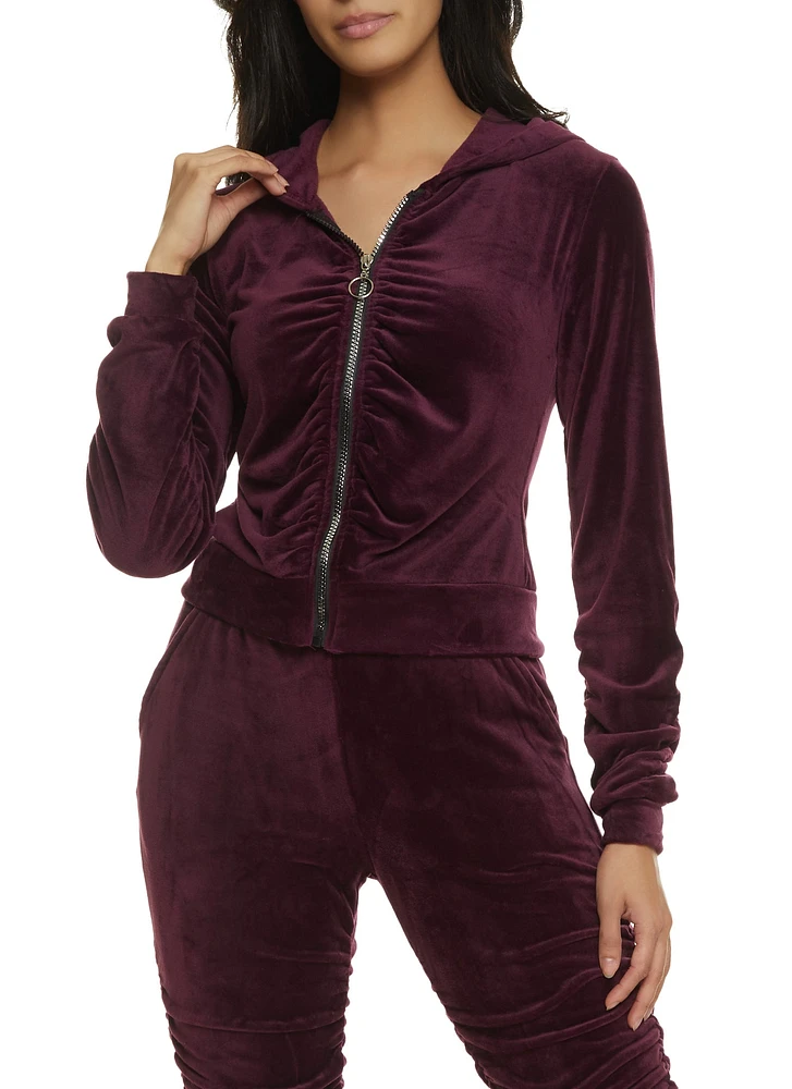 Womens Solid Velour Ruched Zip Front Hoodie, Purple, Size S