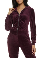 Womens Solid Velour Ruched Zip Front Hoodie, Purple, Size S