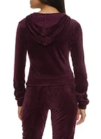 Womens Solid Velour Ruched Zip Front Hoodie, Purple, Size S