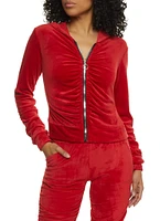 Womens Solid Velour Ruched Zip Front Hoodie, Red, Size S