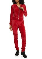 Womens Solid Velour Ruched Zip Front Hoodie, Red, Size S