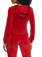 Womens Solid Velour Ruched Zip Front Hoodie, Red, Size S