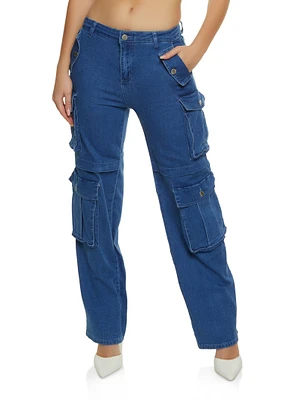 Womens Wide Leg Cargo Jeans, Blue, Size S