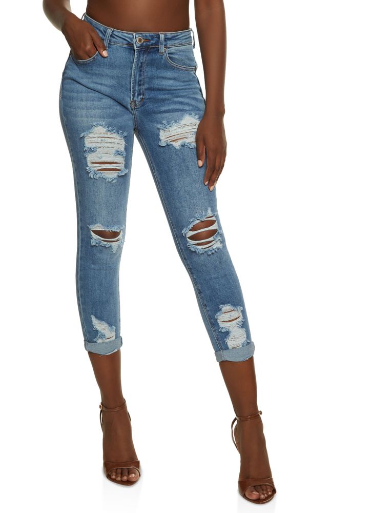 Womens WAX Ripped Rolled Cuff Skinny Jeans, Blue, Size 5