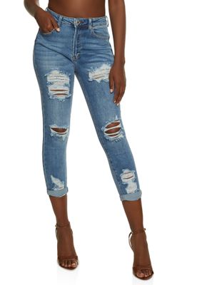 Womens WAX Ripped Rolled Cuff Skinny Jeans,