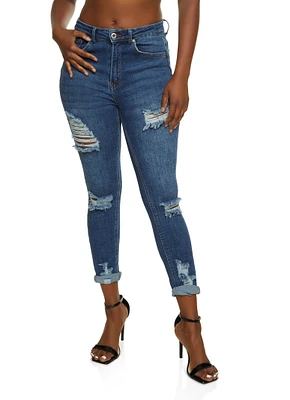 Womens WAX Ripped Rolled Cuff Skinny Jeans, Blue,