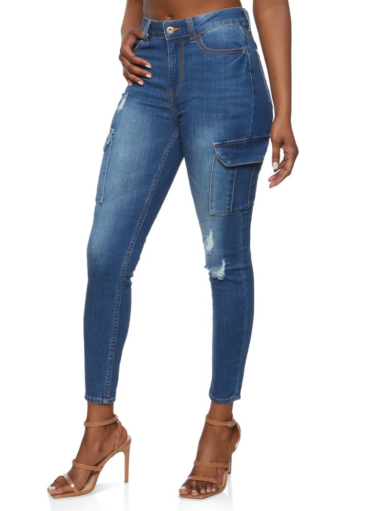 Womens WAX Cargo Pocket Skinny Jeans, Blue,