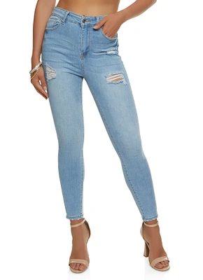 Womens WAX Basic Distressed High Waist Skinny Jeans, Blue,