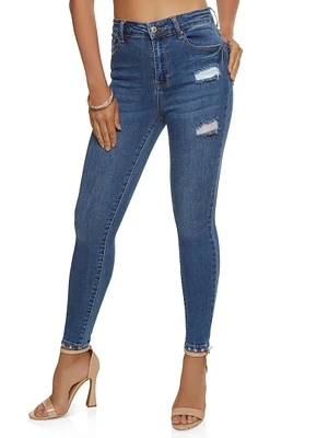 Womens WAX Basic Distressed High Waist Skinny Jeans, Blue,