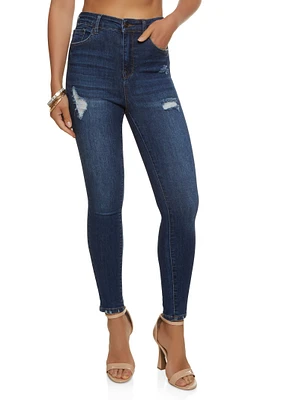 Womens WAX Basic Distressed High Waist Skinny Jeans, Blue, Size S