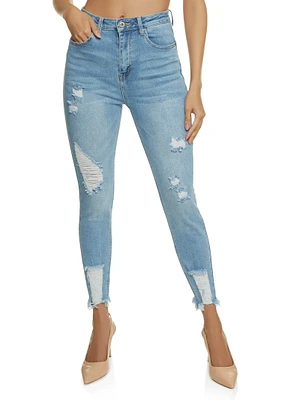 Womens WAX Distressed Frayed Hem Skinny Jeans, Blue,