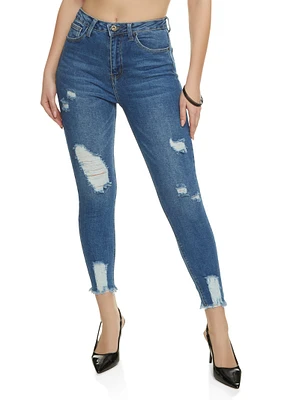 Womens WAX Distressed Frayed Hem Skinny Jeans, Blue,