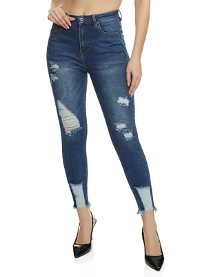 Womens WAX Distressed Frayed Hem Skinny Jeans, Blue,