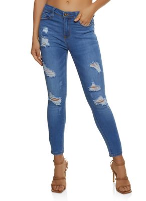 Womens WAX Mid Rise Distressed Jeans, Blue,