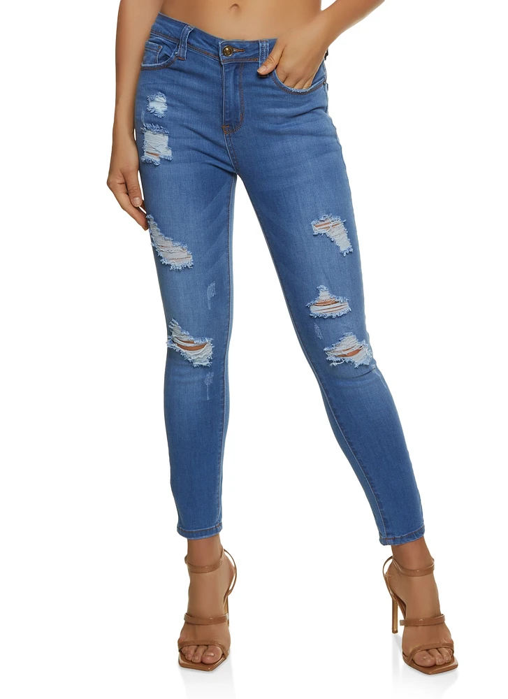 Womens WAX Mid Rise Distressed Jeans, Blue,