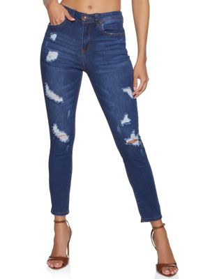 Womens WAX Mid Rise Distressed Jeans, Blue,