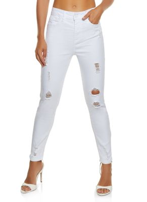 Womens WAX Distressed Frayed Skinny Jeans, White, Size 0