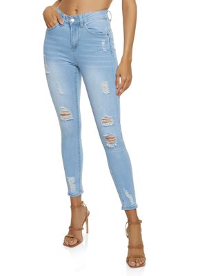 Womens WAX Distressed Frayed Skinny Jeans, Blue,