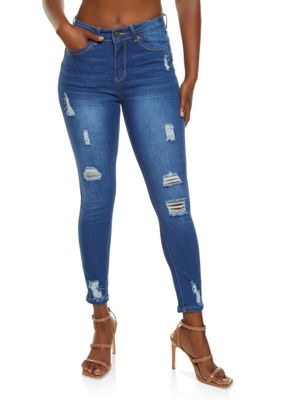 Womens WAX Distressed Frayed Skinny Jeans, Blue,