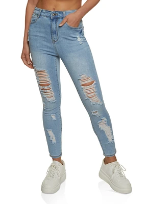 Womens WAX High Rise Distressed Skinny Jeans, Blue, Size S