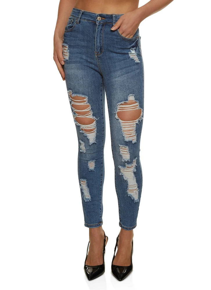 Womens WAX High Rise Distressed Skinny Jeans, Blue, Size S