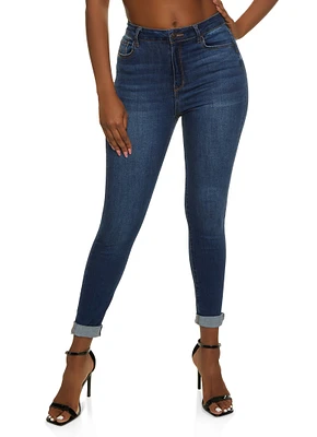 Womens WAX Whiskered Rolled Cuff Skinny Jeans, Blue,