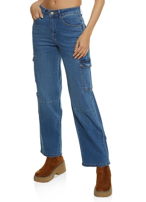 Womens WAX Wide Leg Flap Pocket Cargo Jeans, Blue, Size 1