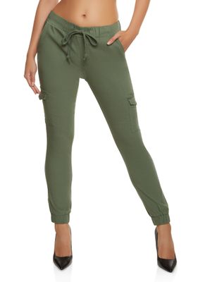 Womens Drawstring Solid Cargo Pocket Joggers, Green, Size M