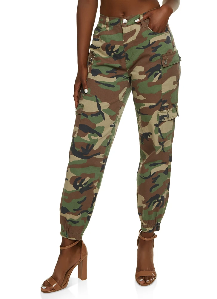 Womens Twill Camouflage Cargo Joggers, Green, Size S