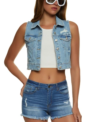 Womens WAX Distressed Denim Cropped Vest, Blue, Size S