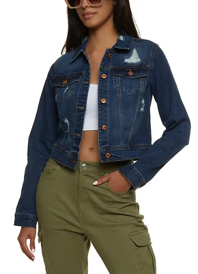 Womens WAX Distressed Denim Jacket, Blue,